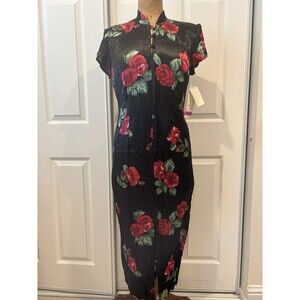 Breakin Loose Vintage 90s Rayon Black Red Rose Asian Inspired Dress (11/12)